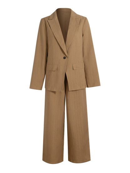 Woman's Camel Vertical Stripe Blazer & Wide-Leg Pants Set | Loose Casual Office Two-Piece