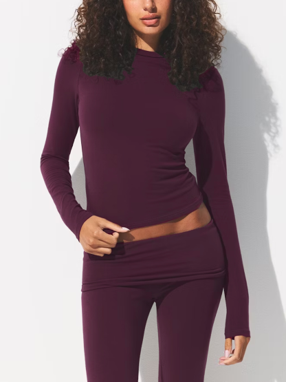Women's Plum Long Sleeve Crew Neck Fitted Top-Aegean-sea