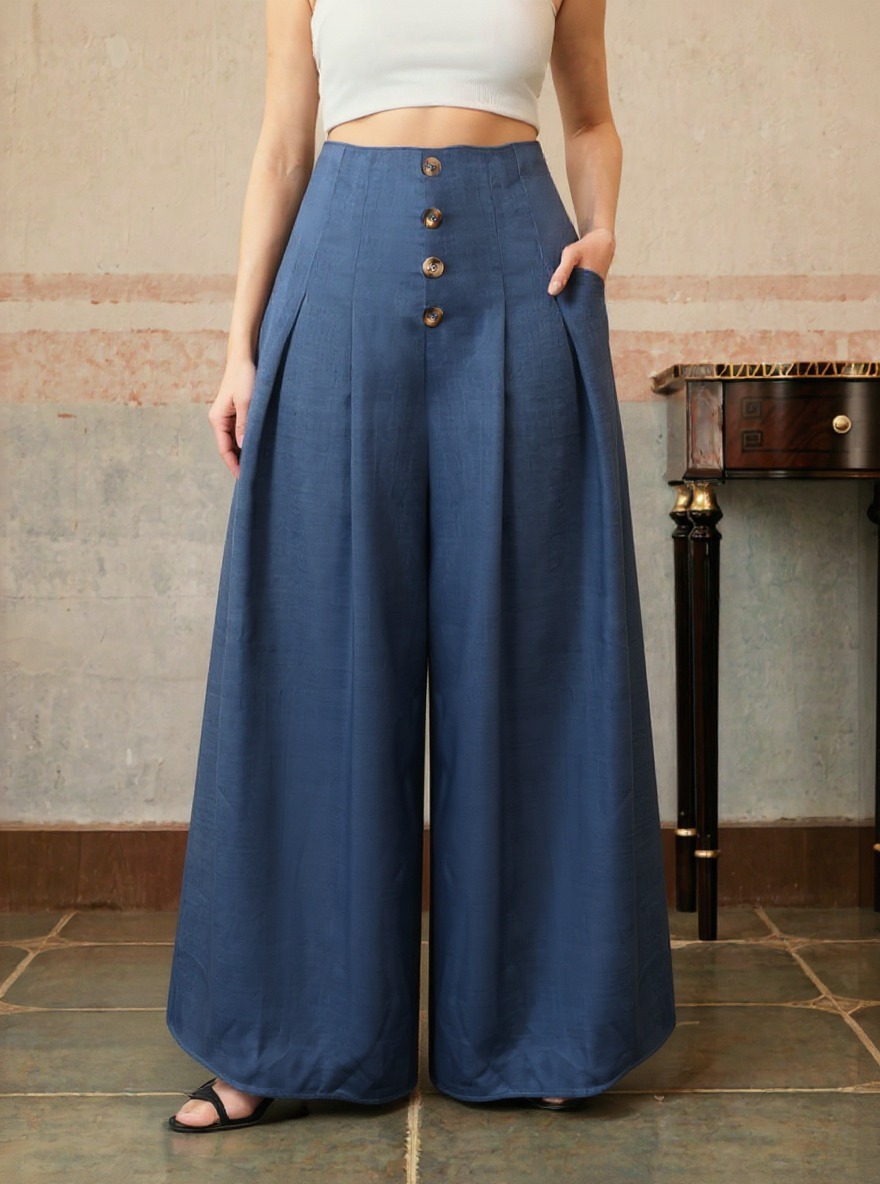 Navy-blue button-up wide-legged pants High-waisted loose-fitting long casual pants