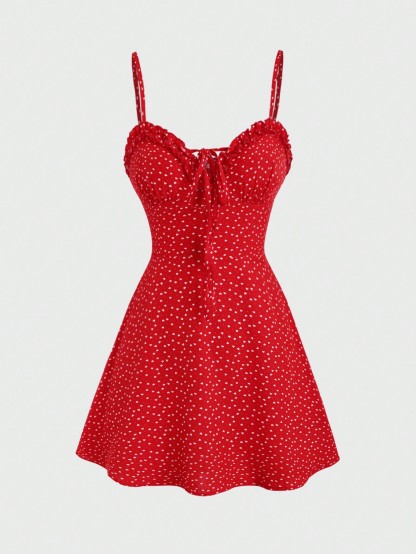 Woman's Red Heart Print Spaghetti Strap Sweetheart Neck Mini Dress-Aegean-sea