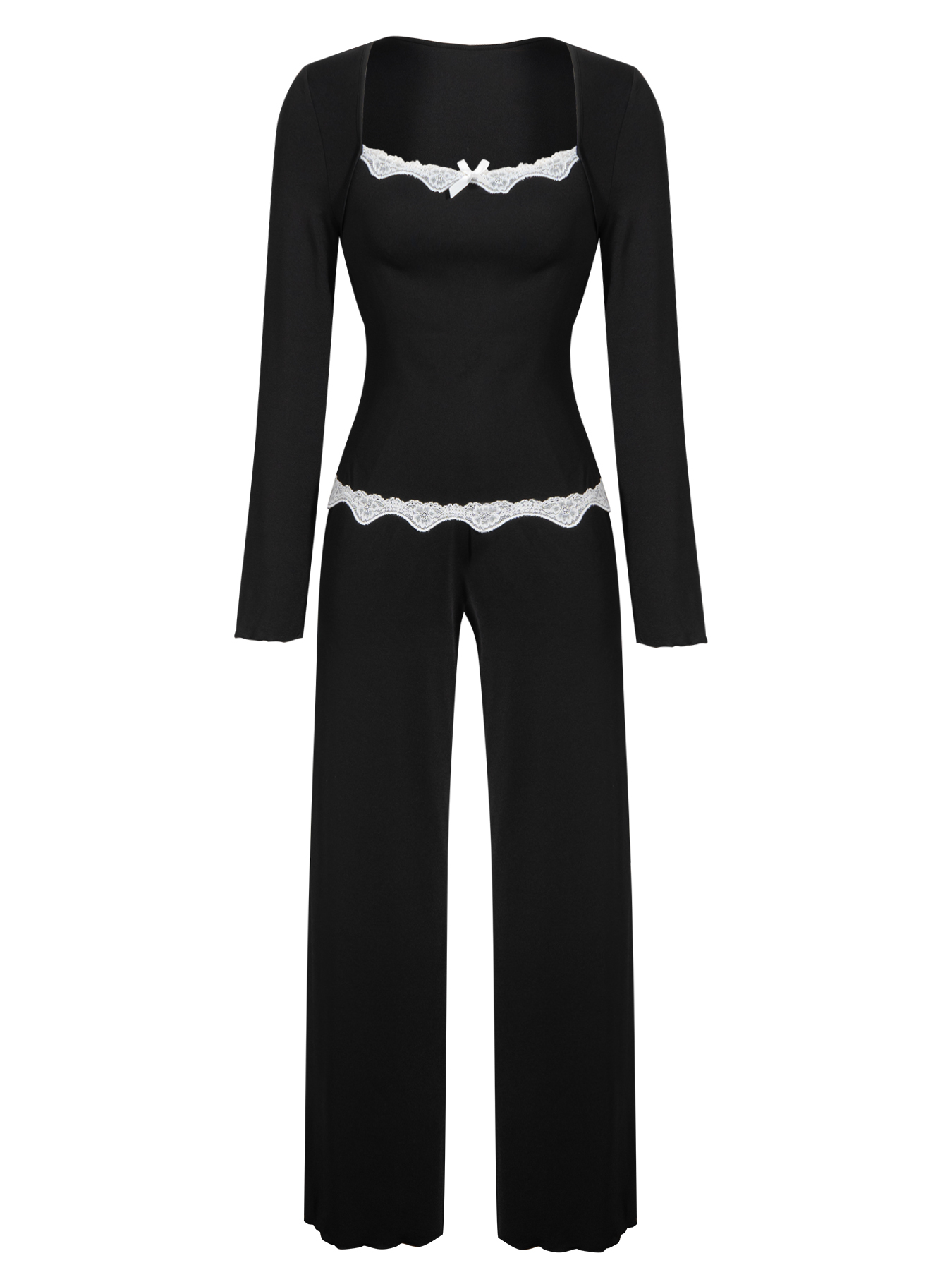 Woman's Black Lace Embellished Long-Sleeve Loose Wide-Leg Pants Comfortable Loungewear Two-Piece-Aegean-sea