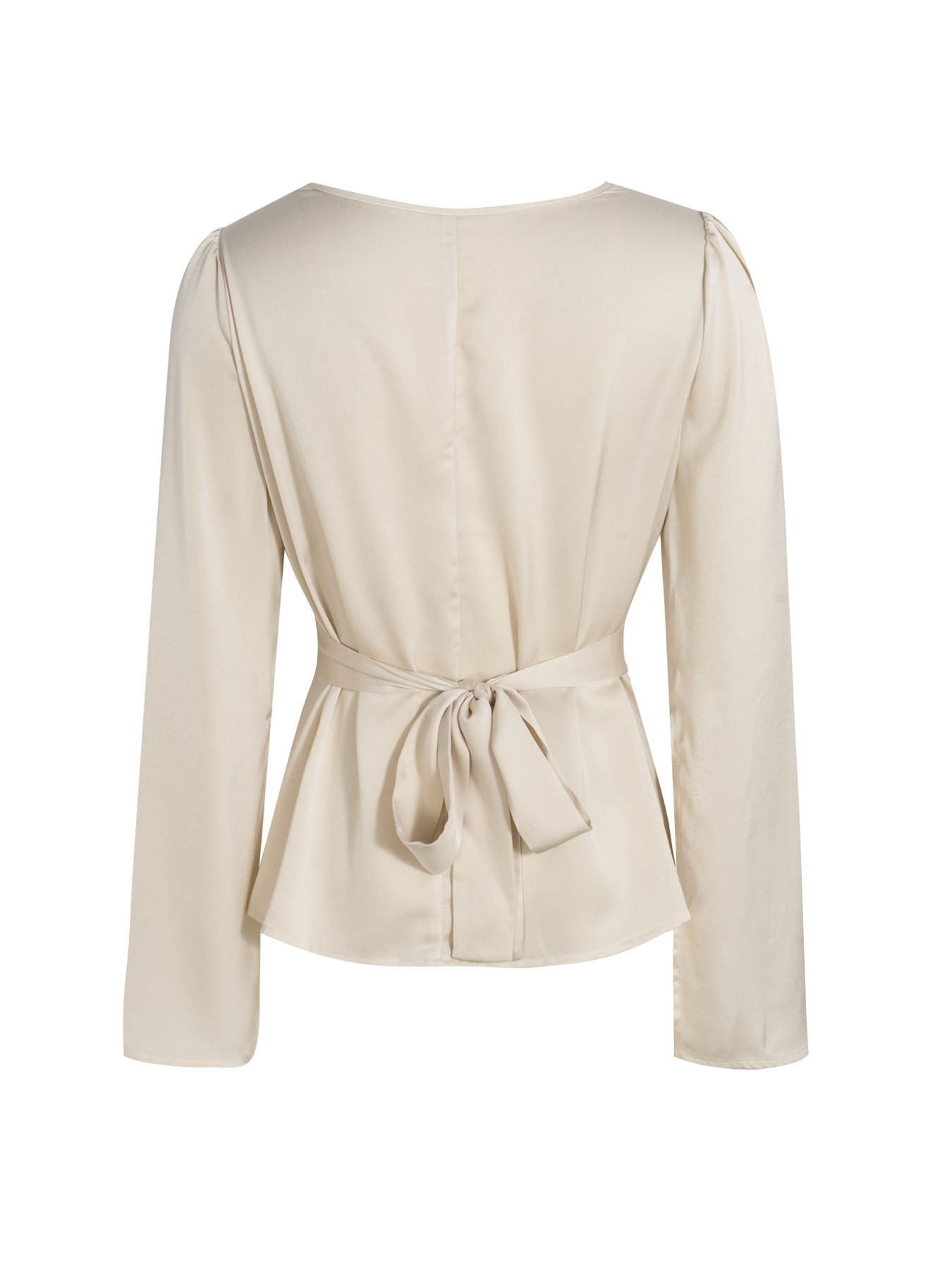 Top Peplum de cuello alto de satén beige para mujer con mangas acampanadas-Aegean-sea