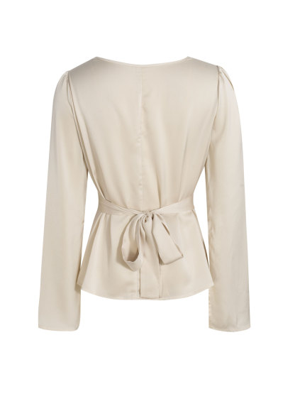 Top Peplum de cuello alto de satén beige para mujer con mangas acampanadas-Aegean-sea