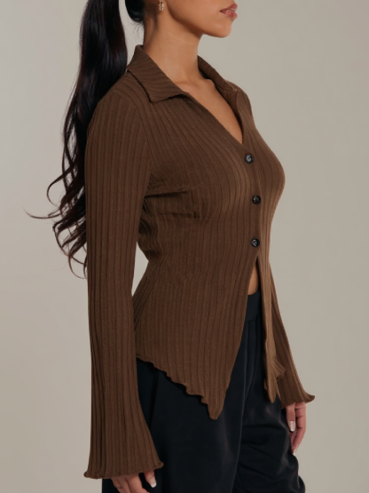 Woman's Chocolate brown striped collared cardigan-Aegean-sea