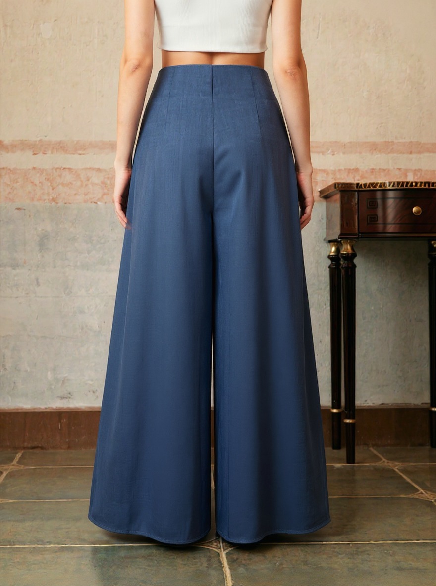 Navy-blue button-up wide-legged pants High-waisted loose-fitting long casual pants