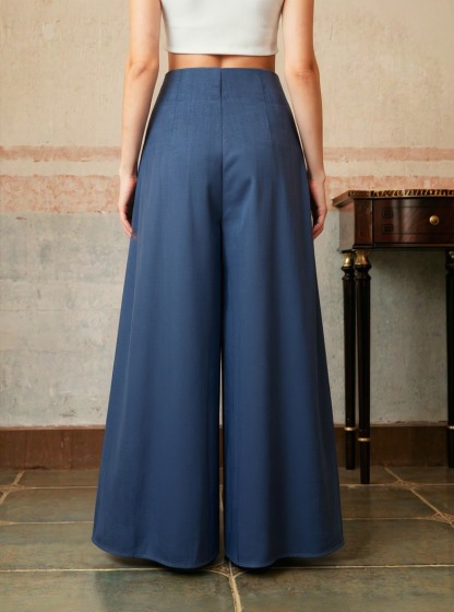 Navy-blue button-up wide-legged pants High-waisted loose-fitting long casual pants