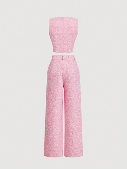Women's Pink Tweed Button-Front Vest and Wide Leg Pants Set-Aegean-sea