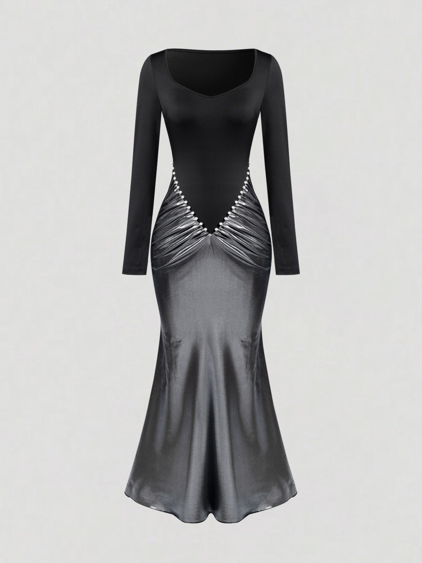 Black-and-silver pearl-stitched dress. Long skirt with square neck and long sleeves, tight and shiny. Sexy dress for dinner parties.-Aegean-sea