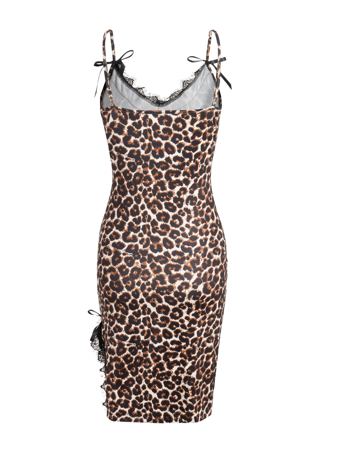Women's Leopard Print Spaghetti Strap Bodycon Dress with Lace Detail-Aegean-sea