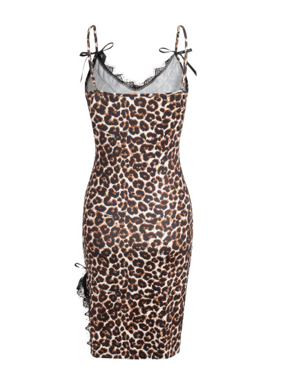 Women's Leopard Print Spaghetti Strap Bodycon Dress with Lace Detail-Aegean-sea