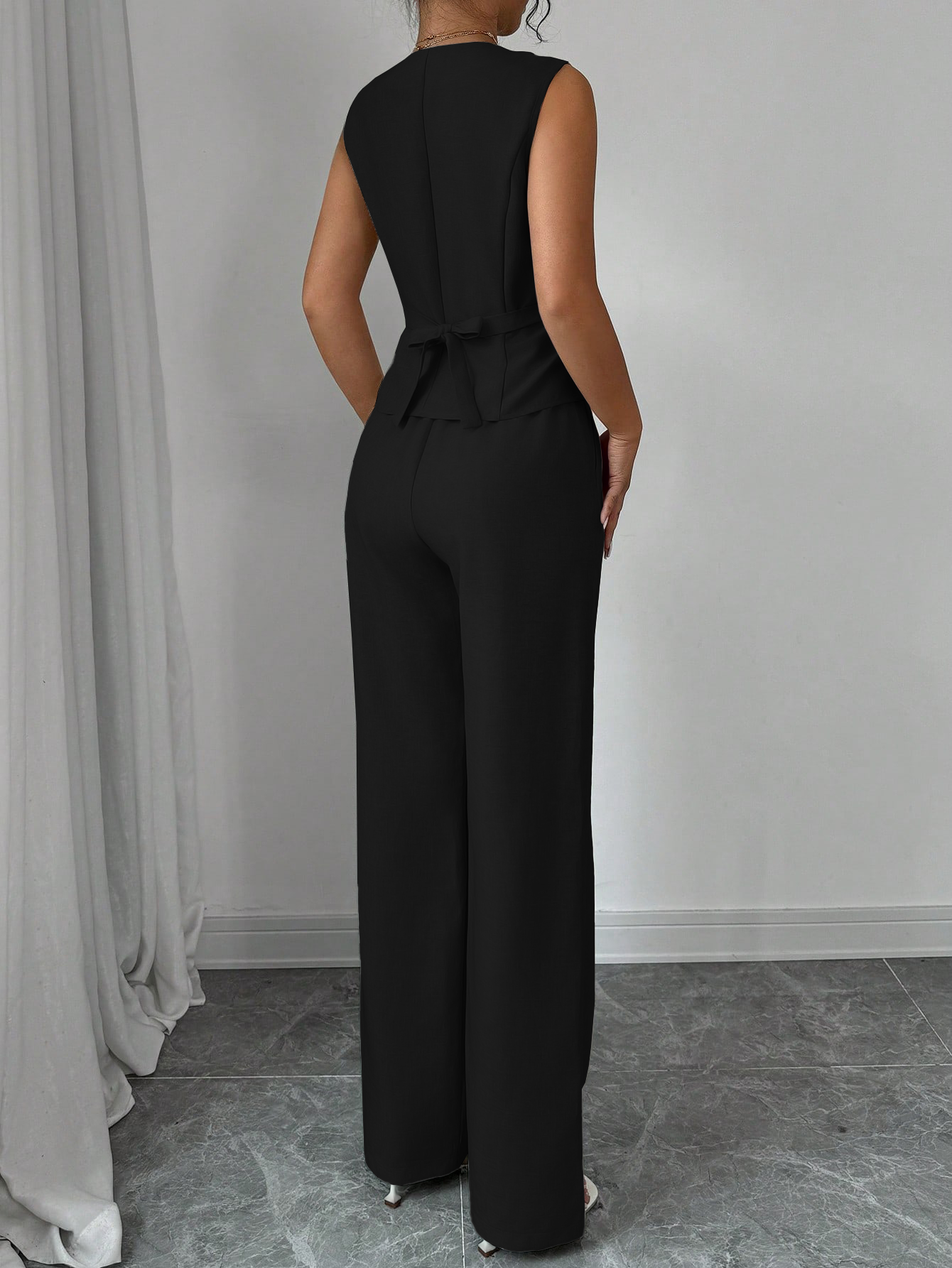 Conjunto de pantalones anchos y chaleco sin mangas de estilo femenino-Aegean-sea