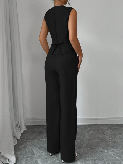 Conjunto de pantalones anchos y chaleco sin mangas de estilo femenino-Aegean-sea