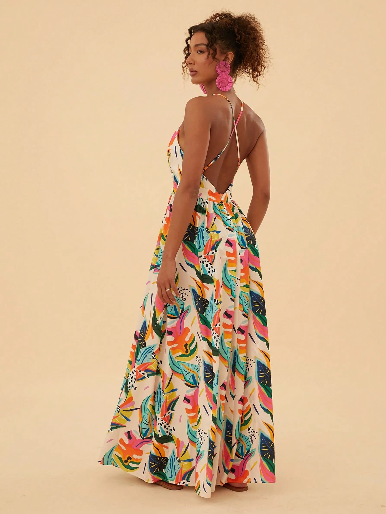 Tropical Plant Print Halter V-Neck Maxi Dress, Vacation Style Dress