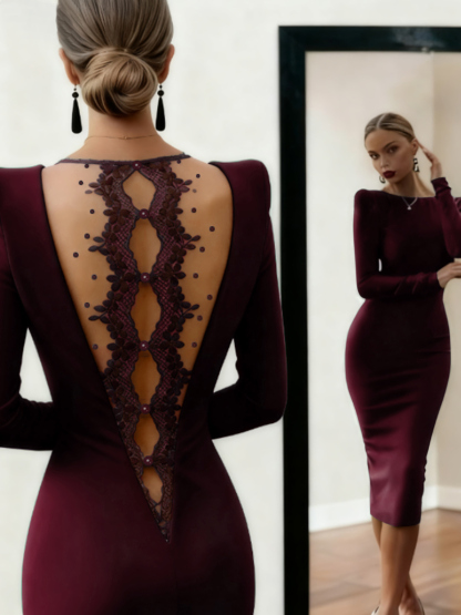 Dark green backless lace dress Long-sleeved tailored waist-to-hip mid-length skirt Sexy dress with dinner party vibe