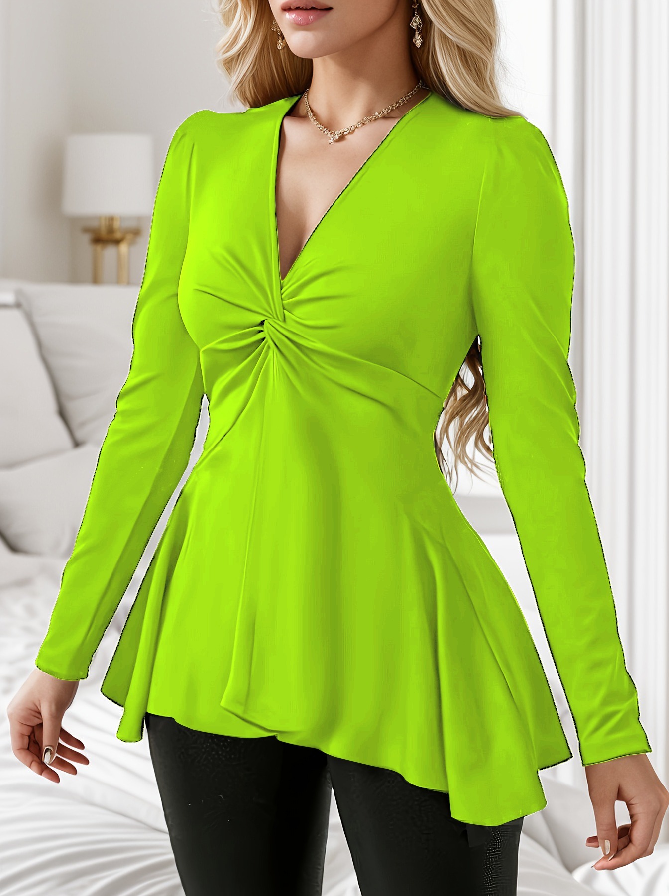 Top femenino de manga larga con cuello en V Twist Peplum frontal-Aegean-sea