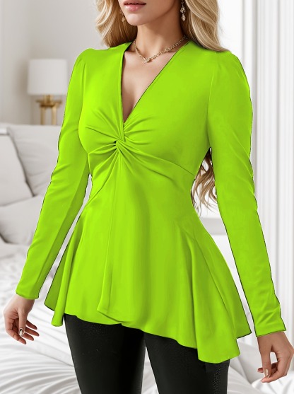 Top femenino de manga larga con cuello en V Twist Peplum frontal-Aegean-sea
