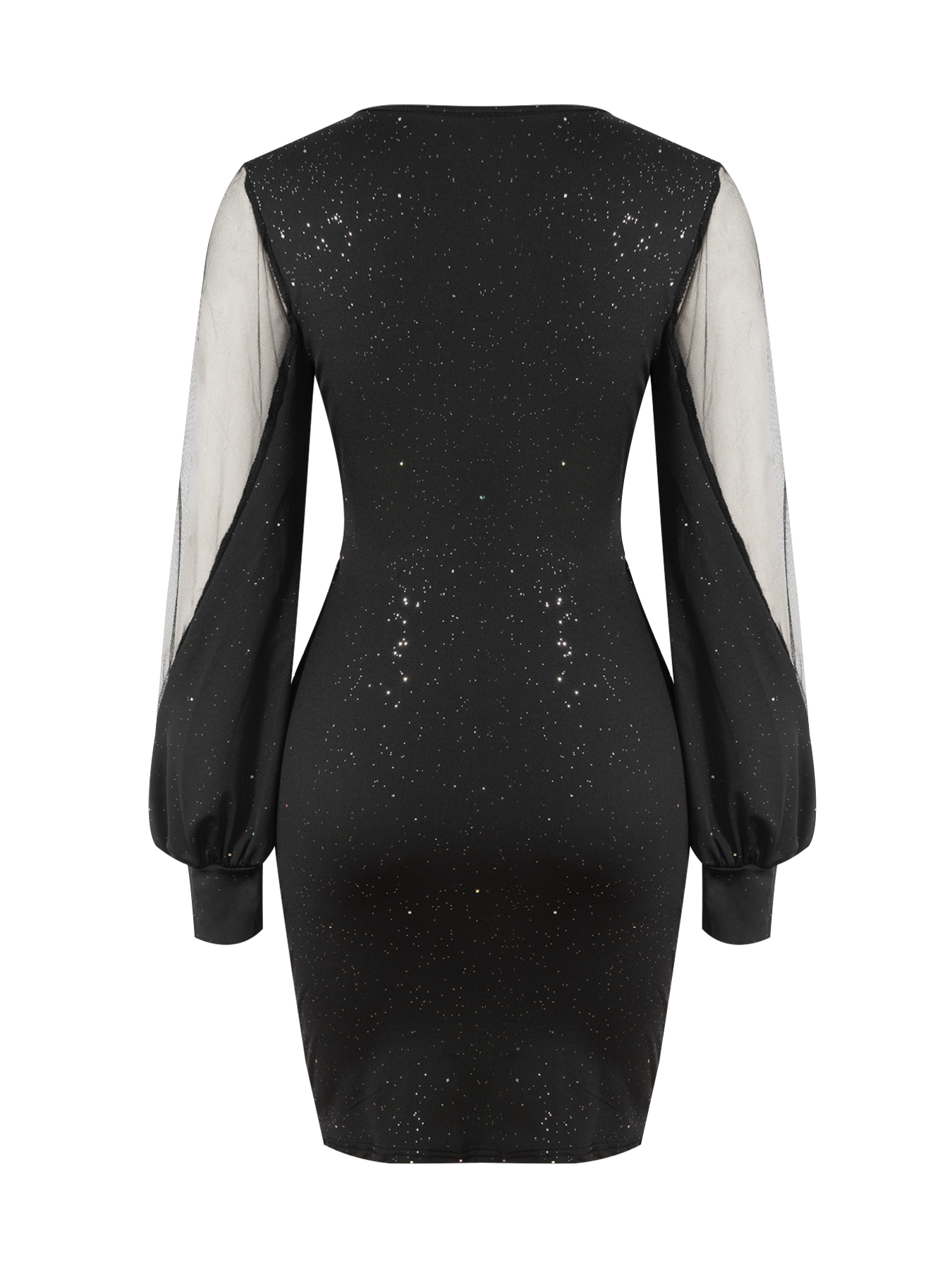 Woman's Glitter Mesh-Sleeve Ruched V-Neck Bodycon Mini Dress-Aegean-sea