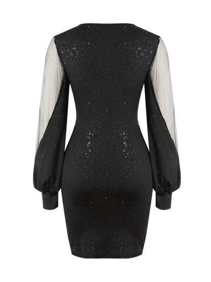 Woman's Glitter Mesh-Sleeve Ruched V-Neck Bodycon Mini Dress-Aegean-sea