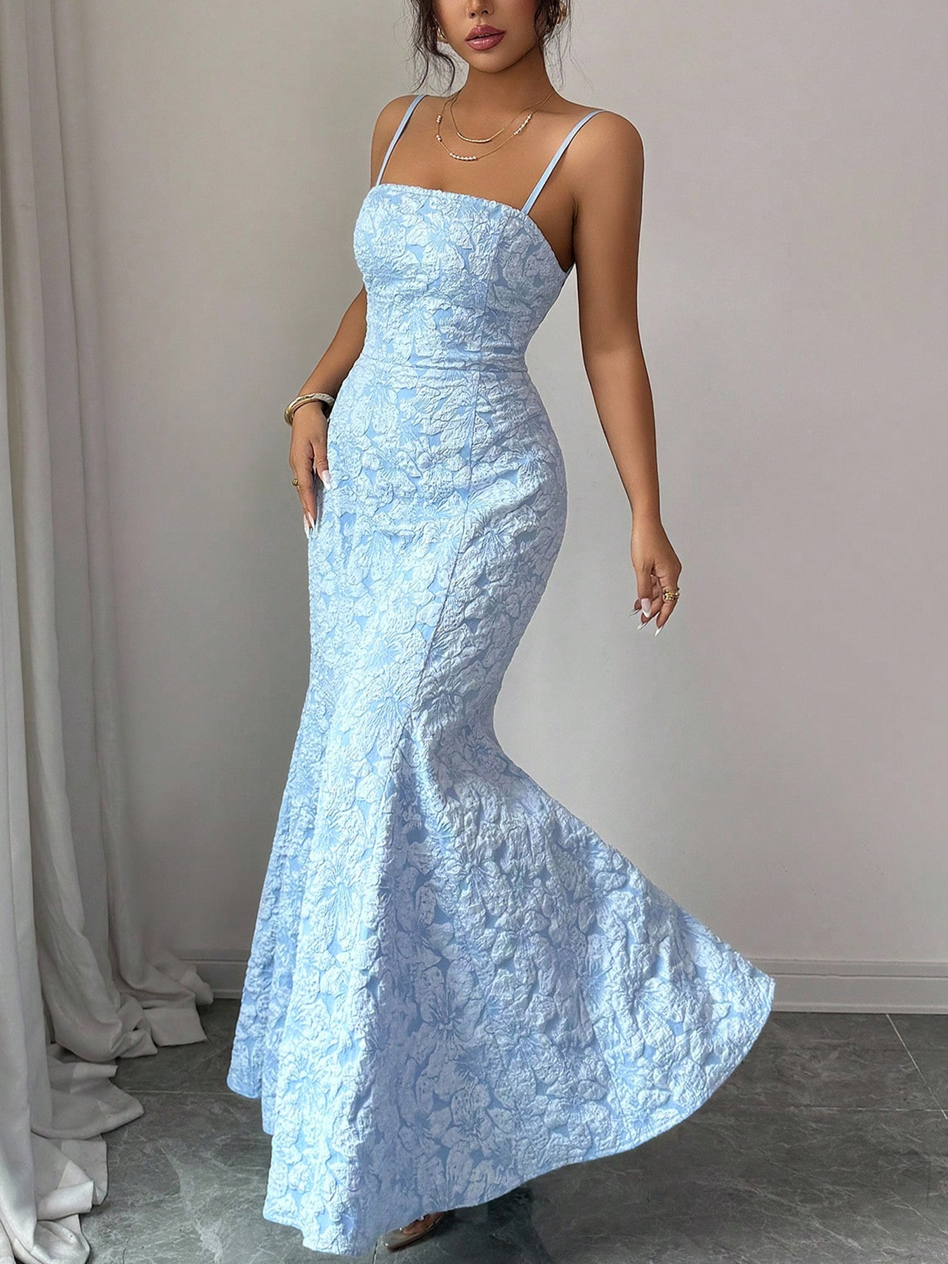 Women's Spaghetti Strap Floral Jacquard Mermaid Maxi Dress - Square Neck Bodycon Evening Gown