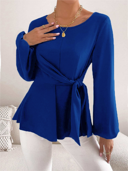 Camiseta de peplum de manga larga para mujer con cuello redondo, cintura de lazo y puños acampanados-Aegean-sea