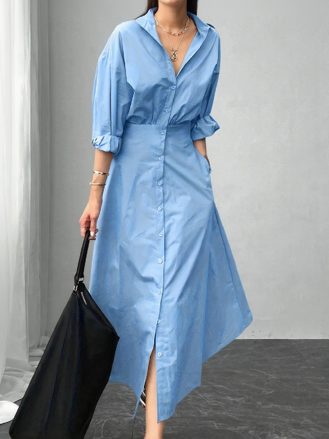 Woman's Oversized Minimalist Office Dress: Puff Sleeve Ruched Waist Split Hem Shirt Dress -Aegean-sea