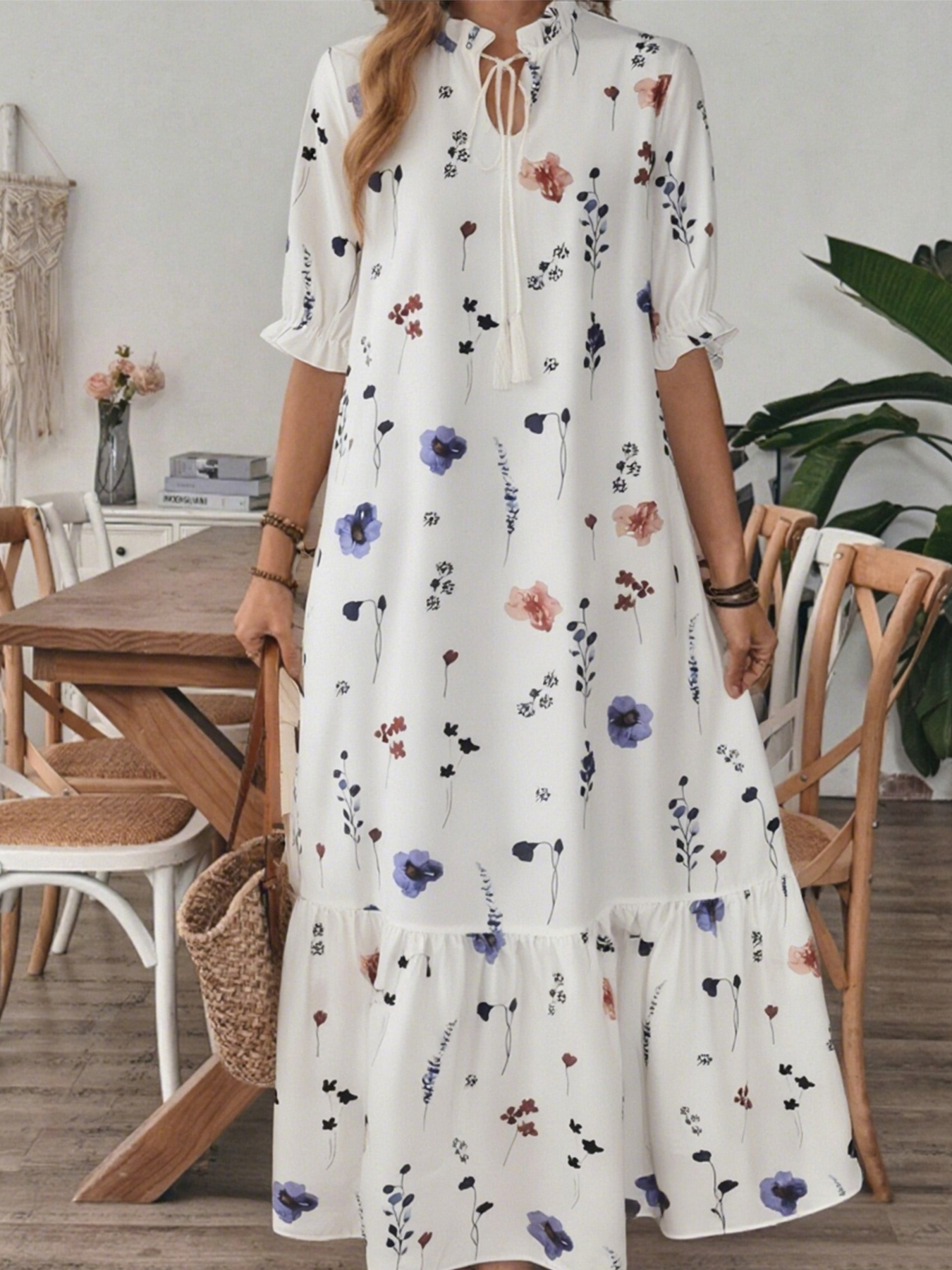 Women's Boho Floral Print Maxi Dress - Tie Neck Ruffle Sleeve Tiered Dress