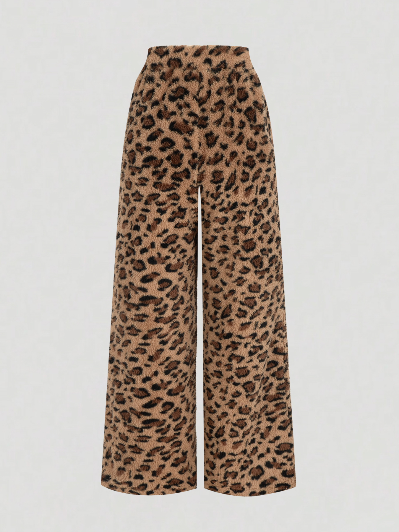 Leopard Print Fuzzy Wide Leg Pants with Drawstring Waist-Aegean-sea