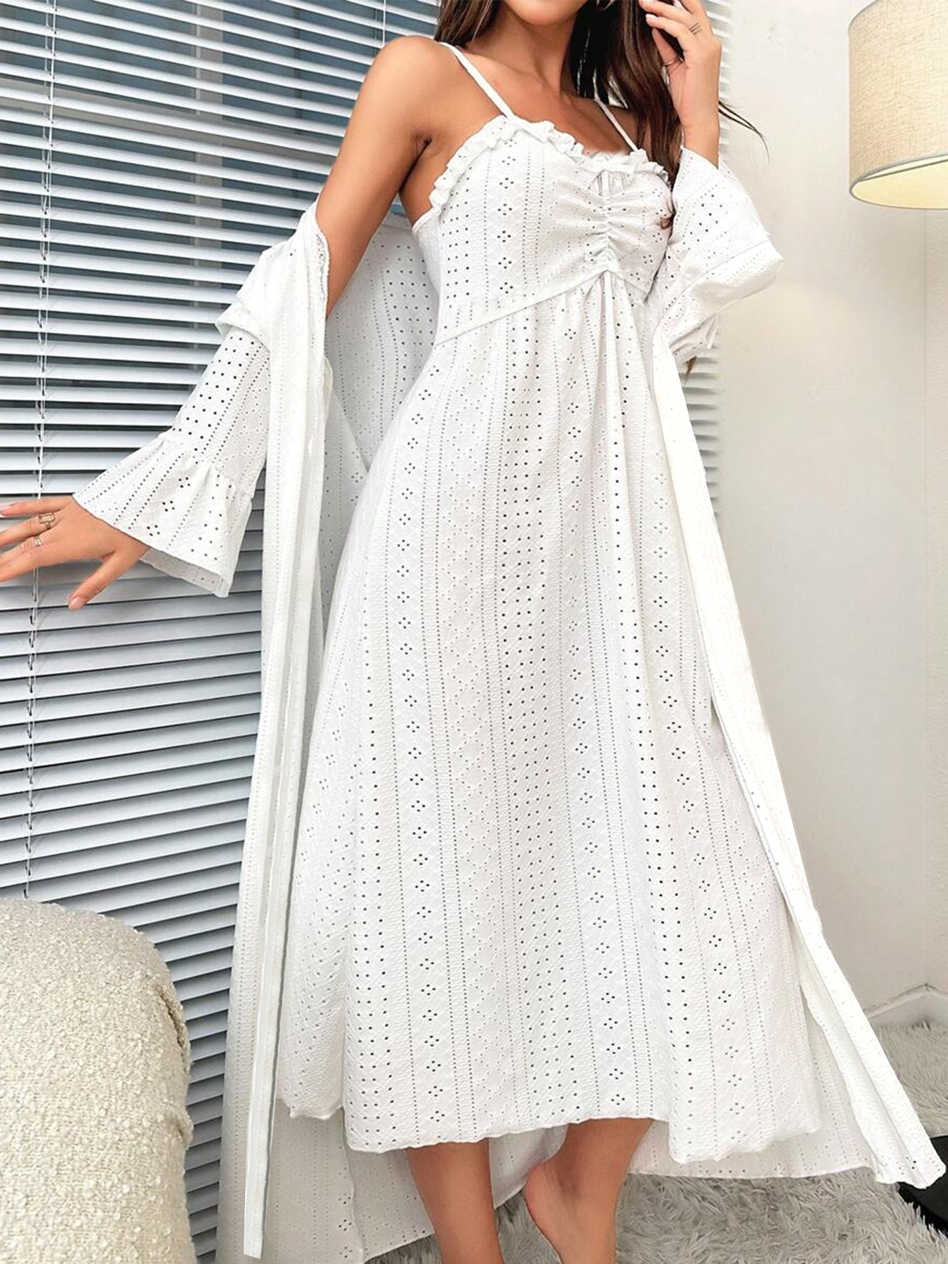 White Eyelet Embroidery Ruffle Camisole Dress & Loose Long Sleeve Cardigan Loungewear Set