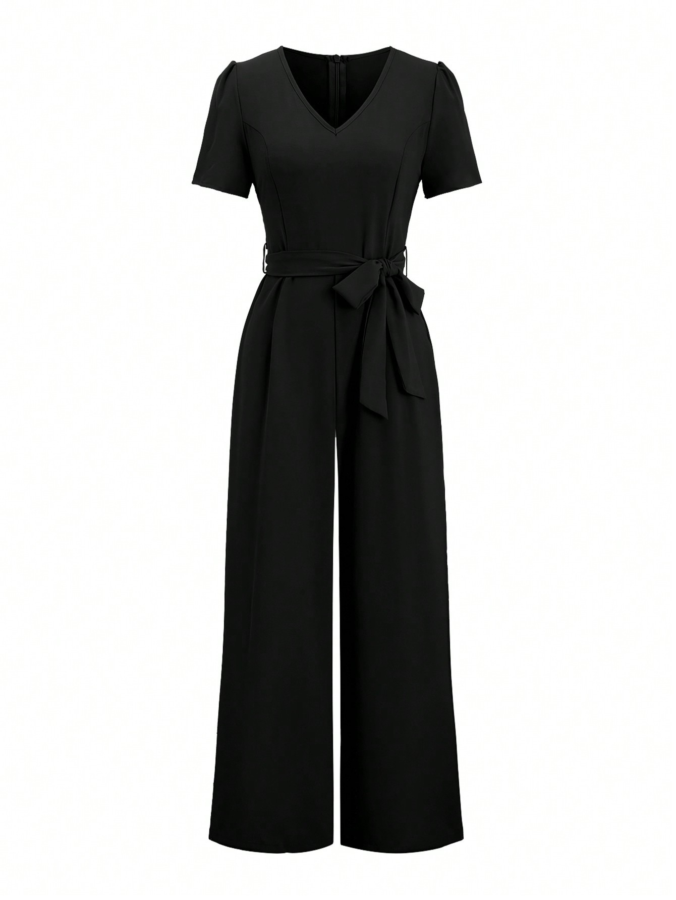 Women's Black V-Neck Belted Wide Leg Jumpsuit-Aegean-sea