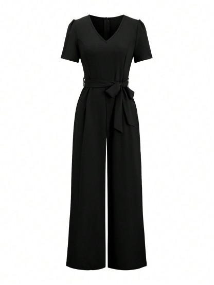 Women's Black V-Neck Belted Wide Leg Jumpsuit-Aegean-sea