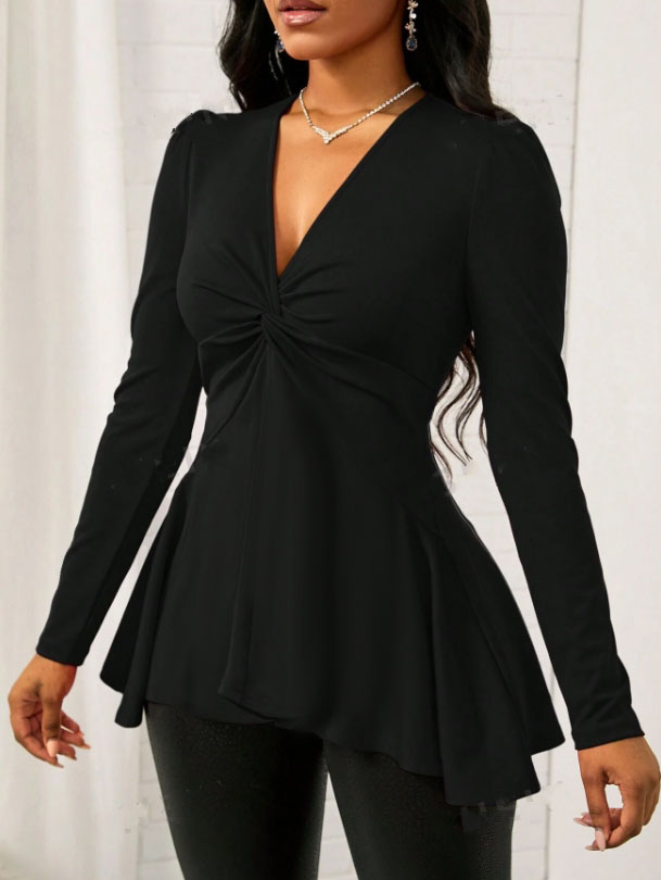Woman's  V-Neck Long Sleeve Twist Front Peplum Top