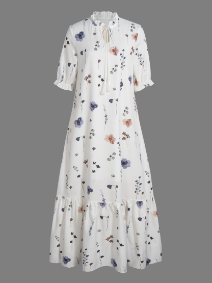 Women's Boho Floral Print Maxi Dress - Tie Neck Ruffle Sleeve Tiered Dress