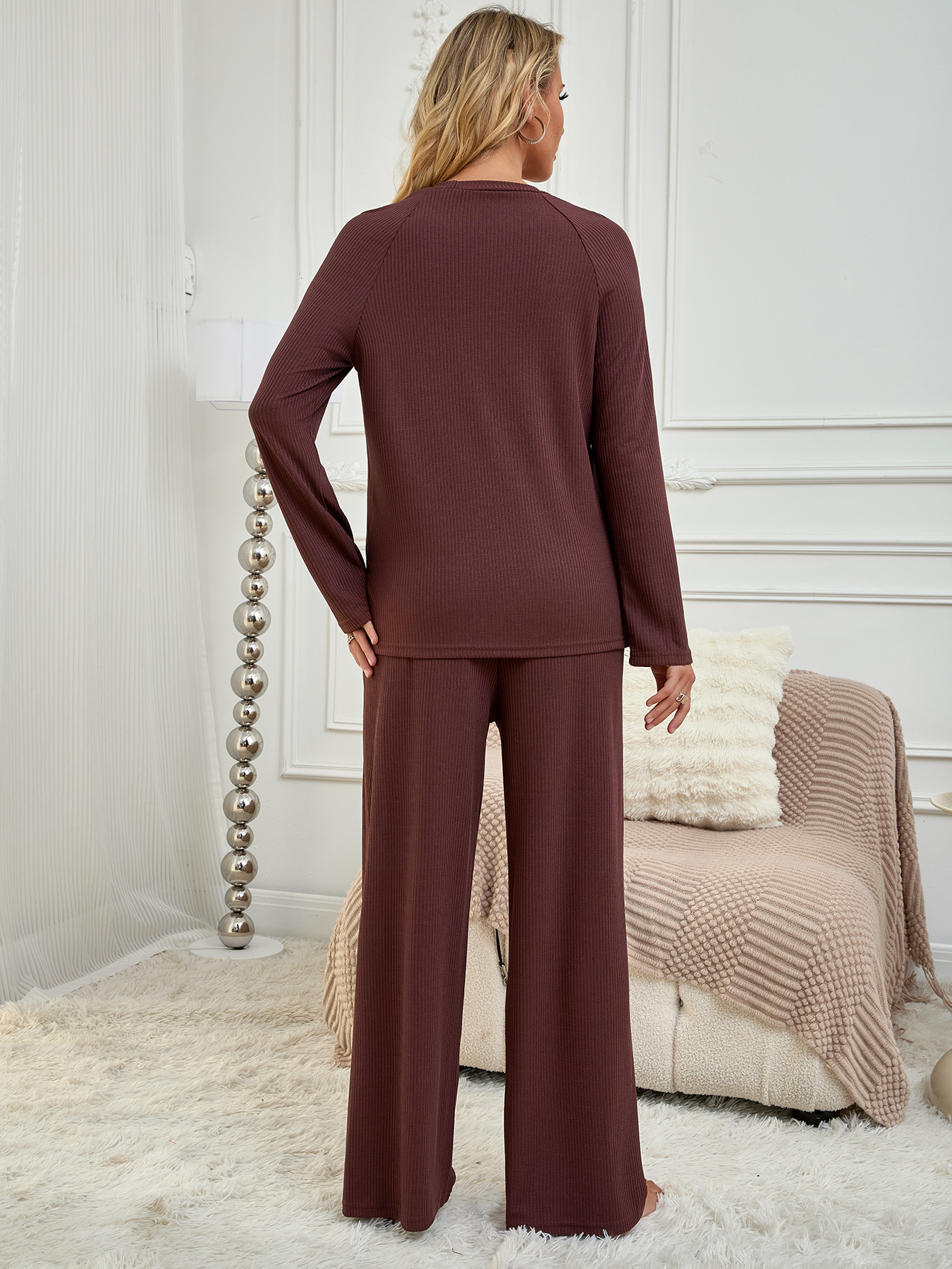 Women's Burgundy Ribbed Long Sleeve Top and Wide-Leg Pants Loungewear Set-Aegean-sea