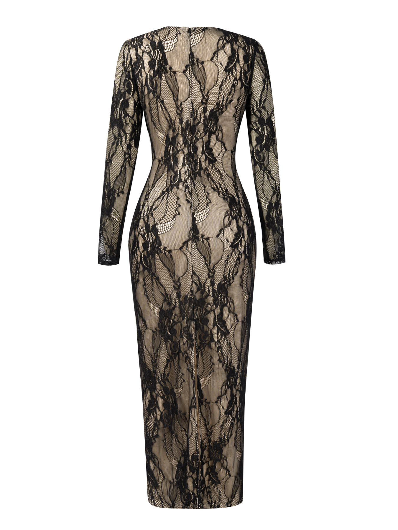 Woman's Black Lace Deep V Long Sleeve Bodycon Maxi Dress