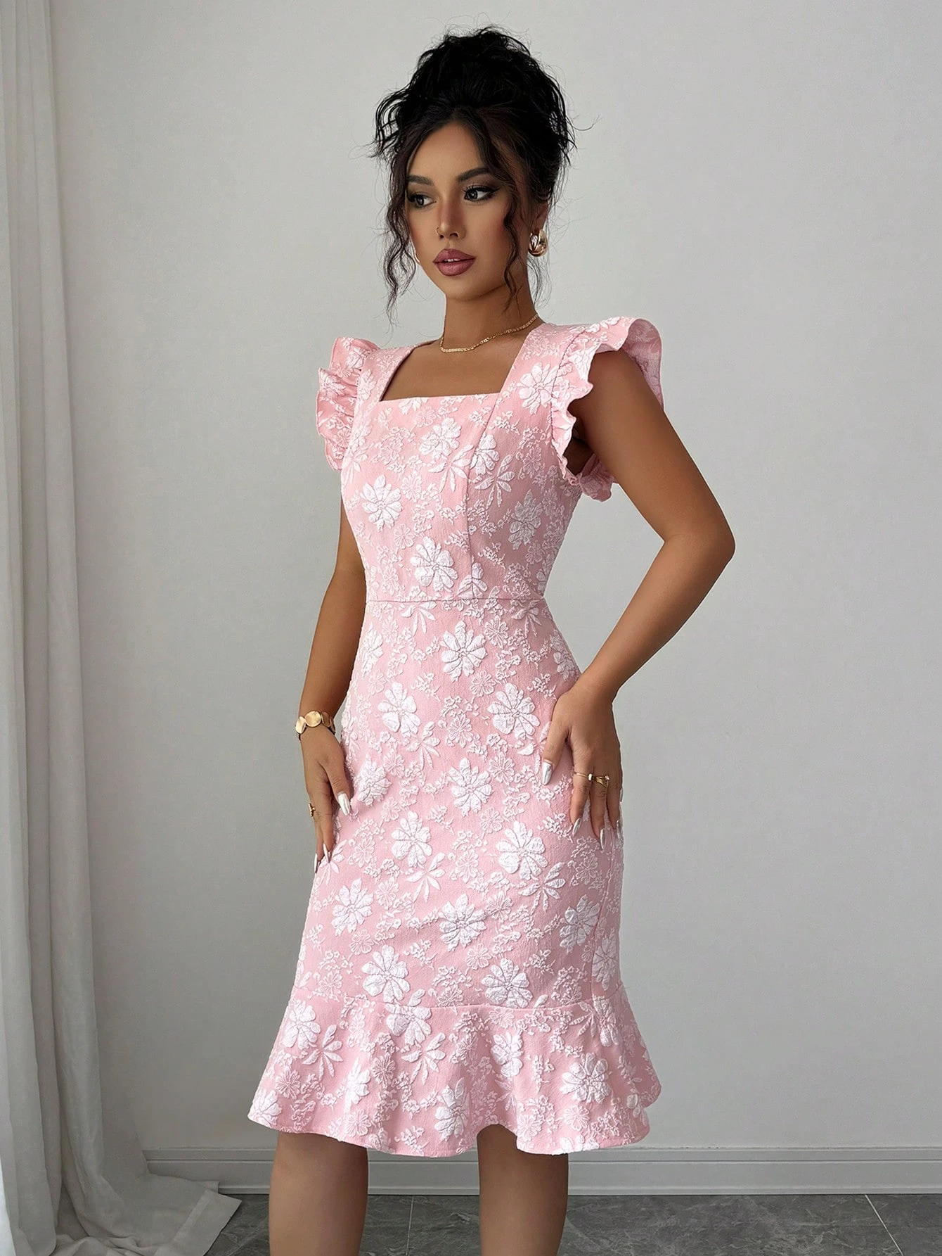 Pink Jacquard Square Neck Ruffle Bodycon Mini Dress, Elegant Casual Party Dress