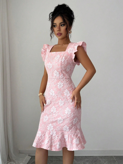 Pink Jacquard Square Neck Ruffle Bodycon Mini Dress, Elegant Casual Party Dress