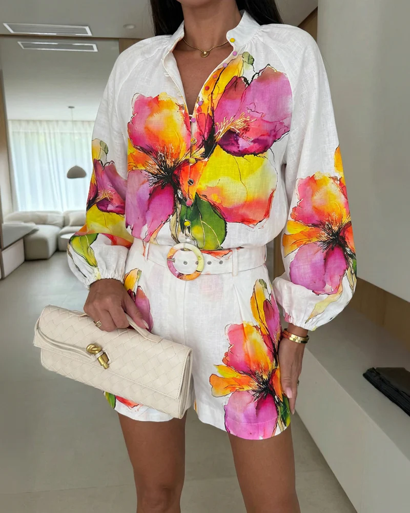 Floral Print Shirt and Shorts Set, Vacation Two-Piece Outfit