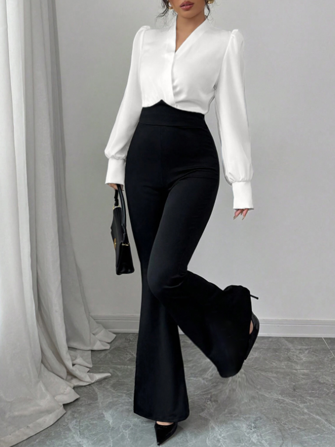 Woman's White Wrap Blouse & Black High-Waisted Flare Pants Two-Piece Set-Aegean-sea