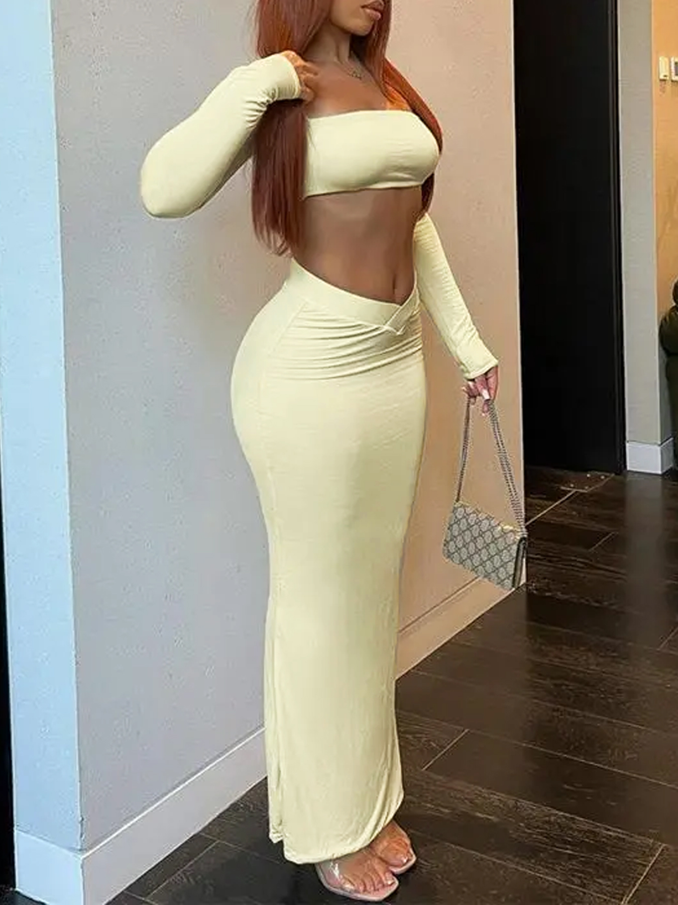 Square-neck long-sleeve two-piece set, fitted crop top, bodycon long skirt, solid color slim-fit suit-Aegean-sea