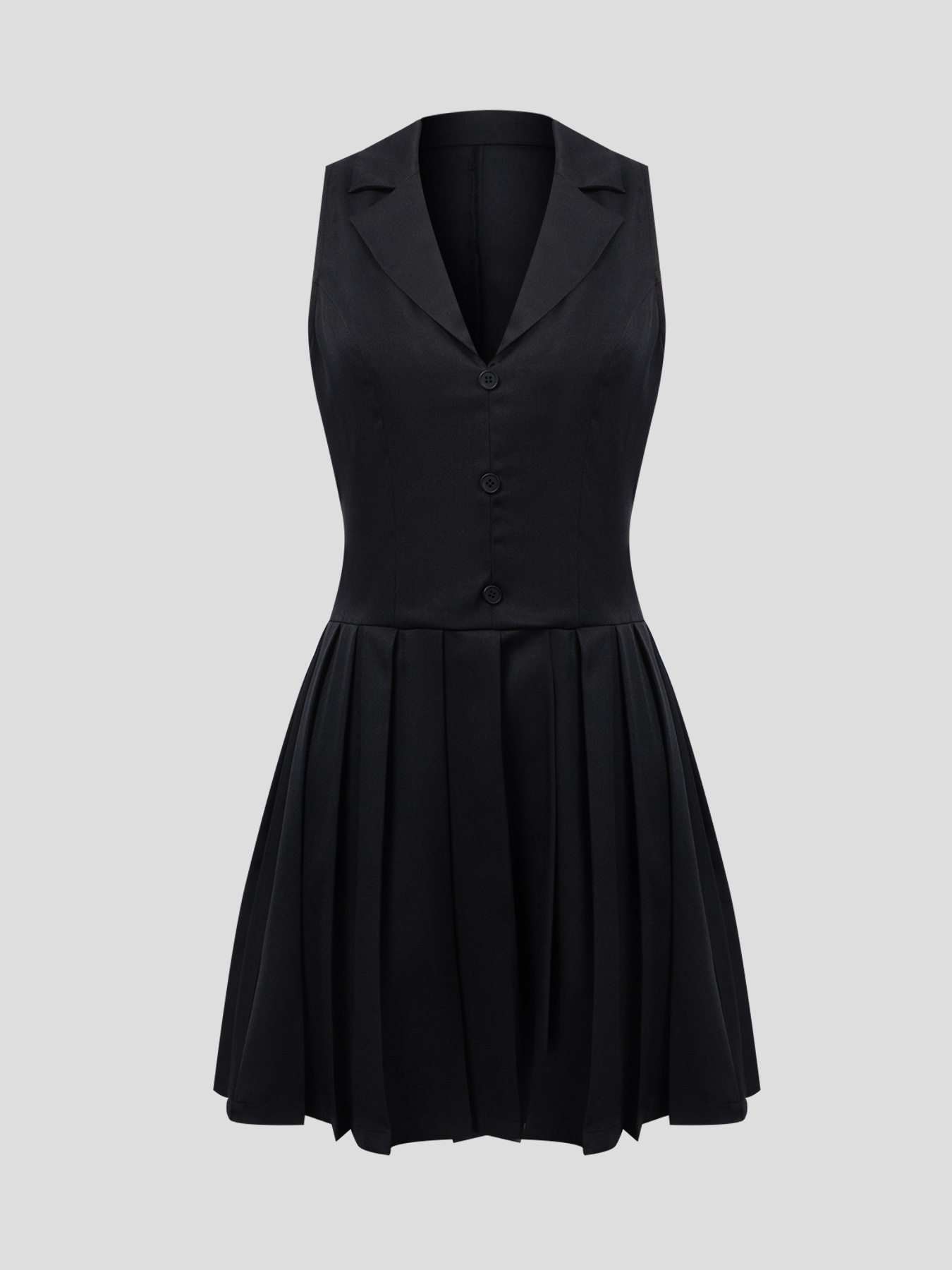 Women's Lapel Collar Pleated Hem Dress - Sleeveless Button Front Office Bodycon