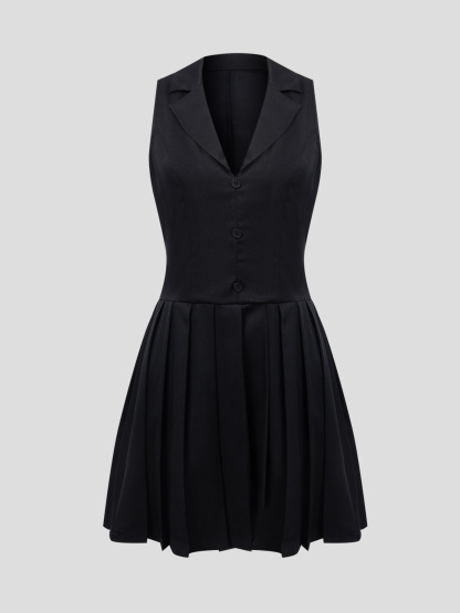 Women's Lapel Collar Pleated Hem Dress - Sleeveless Button Front Office Bodycon