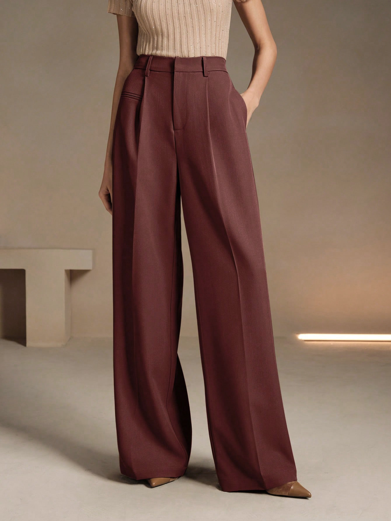 Dark brown-red high-waisted wide-legged pants Drop-down pleated loose pants Work-to-work casual suit pants