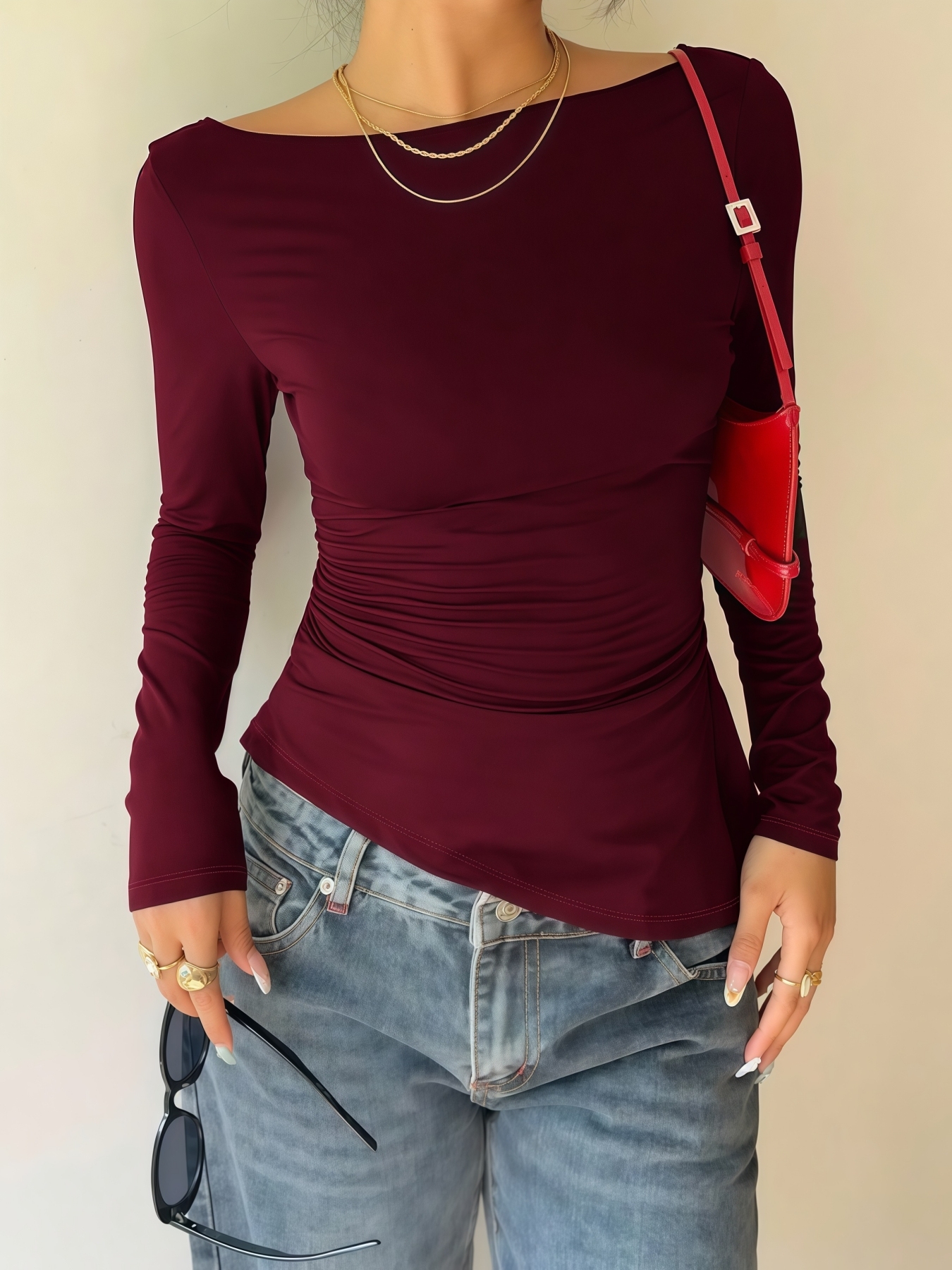 Women's Burgundy Long-Sleeve Off-the-Shoulder Back Lace Cutout Bow-Accent Fitted Blouse