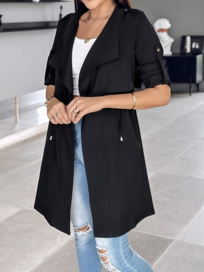  Woman's Black Mid-length Windbreaker Jacket-Aegean-sea