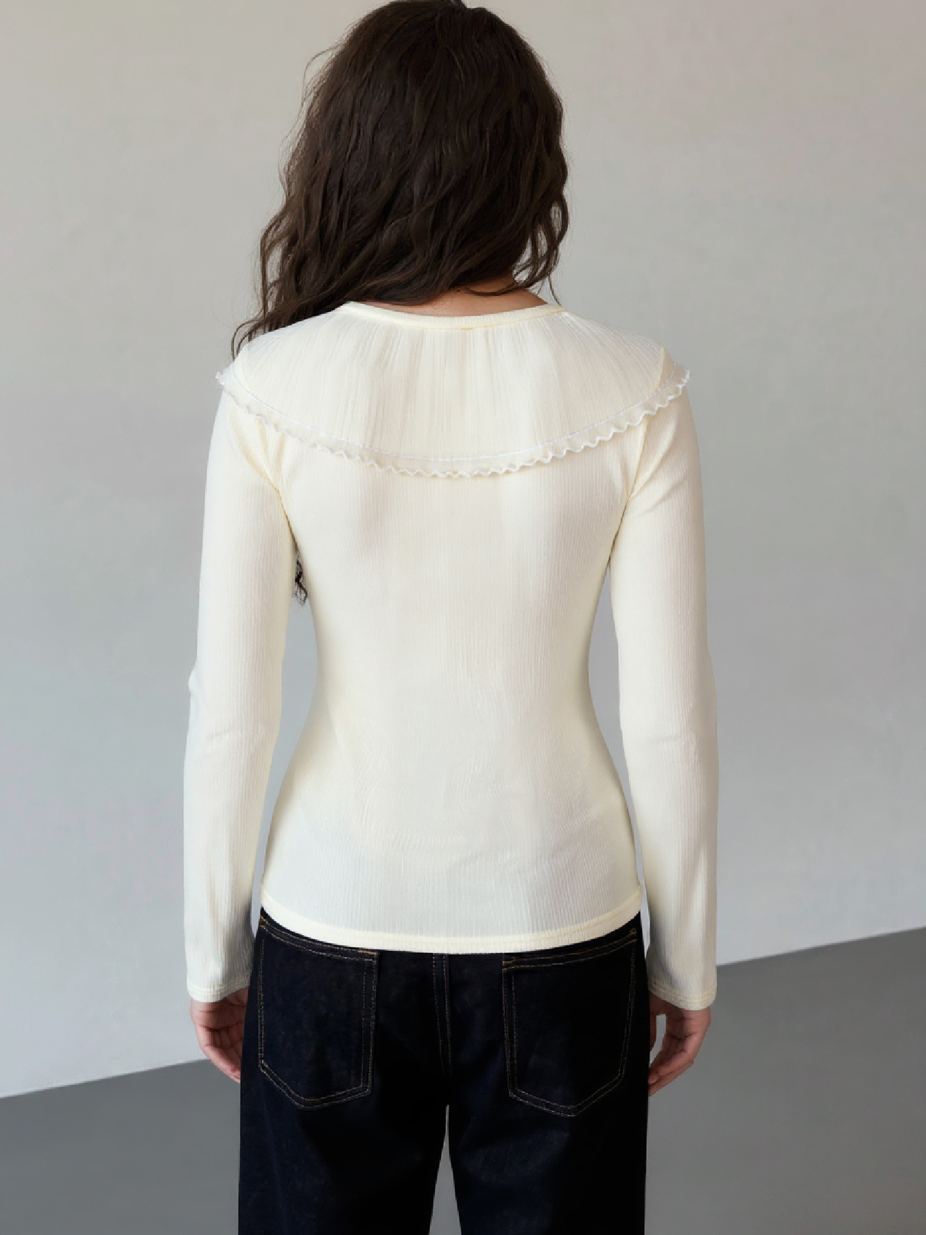 Women's Cream V-Neck Long Sleeve Top with Asymmetric Ruffle Lace Trim and Ribbed Detail