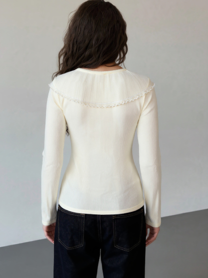 Women's Cream V-Neck Long Sleeve Top with Asymmetric Ruffle Lace Trim and Ribbed Detail