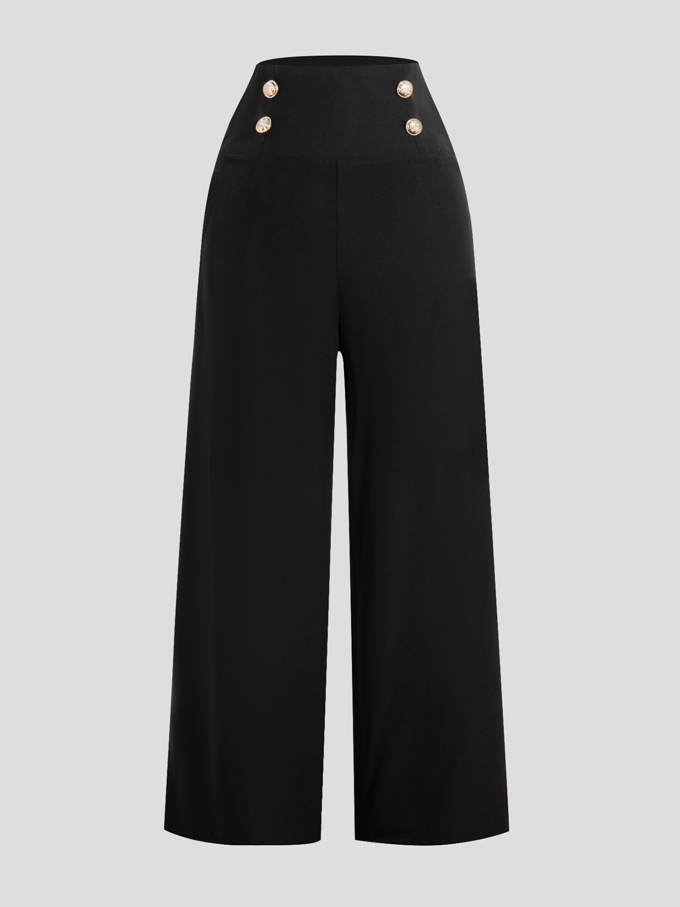 Women's Black High-Waisted Wide-Leg Pants with Gold Button Detail-Aegean-sea