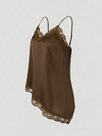 2026 Spring/Summer New Style Elegant Satin Lace Splicing Asymmetric Camisole Top