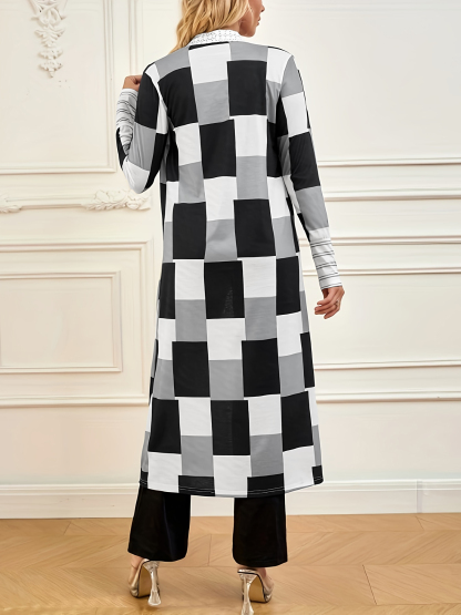 Cárdigan de manga larga de mujer con estampado a cuadros-Aegean-sea