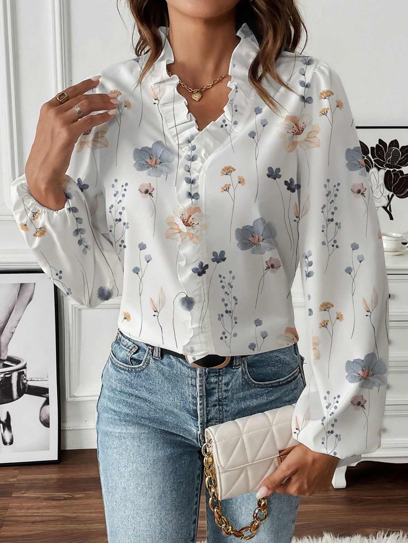 Floral Lace-Trimmed V-Neck Blouse, Puff Sleeve Chiffon Top